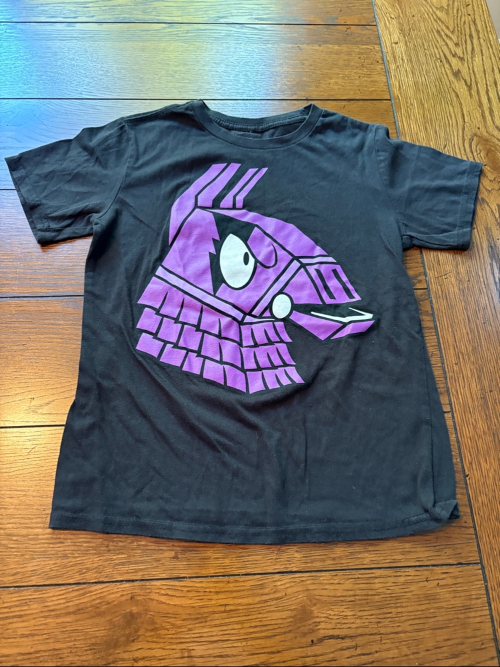 Kids Black Fortnite Tee with Purple Graphic Print
